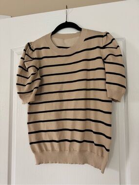 Beige and Black Striped Puff Sleeve Sweater - Women's Casual Knit
